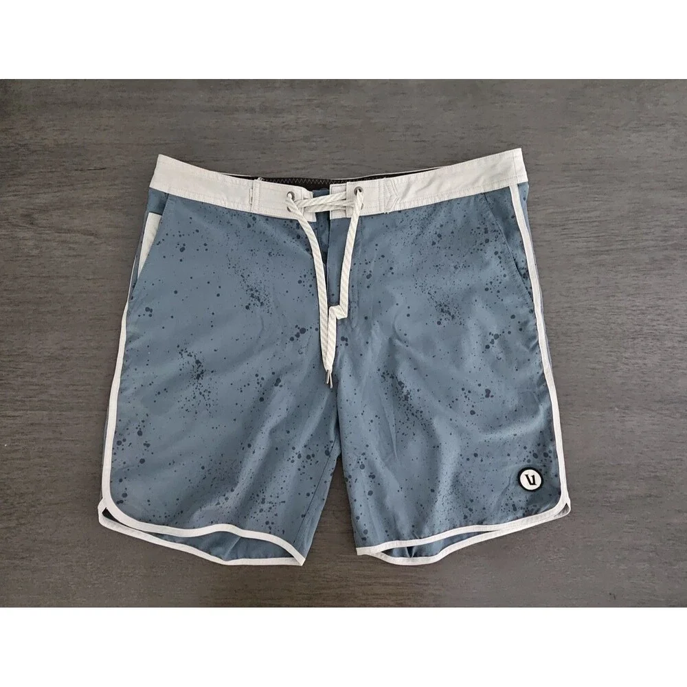 Vuori Cruise Board Swim Shorts Men's 36 Steel Blue Splatter Drawstring